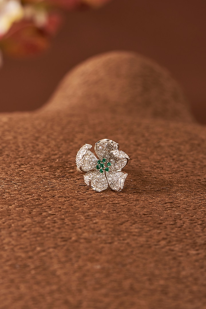 White Finish Zircon & Emerald Ring In Sterling Silver by STELLA CREATIONS at Pernia's Pop Up Shop