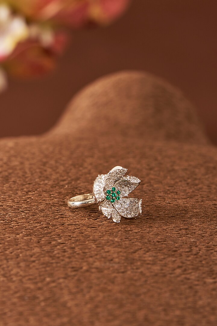 White Finish Zircon & Emerald Ring In Sterling Silver by STELLA CREATIONS at Pernia's Pop Up Shop