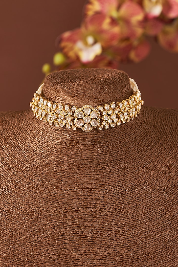 Yellow Gold Finish Moissanite Polki Necklace In Sterling Silver by STELLA CREATIONS at Pernia's Pop Up Shop