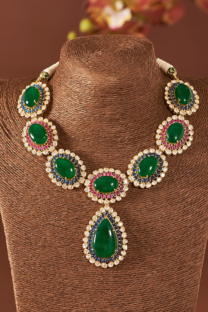 Yellow Gold Finish Moissanite Polki & Emerald Necklace Set In Sterling Silver by STELLA CREATIONS at Pernia's Pop Up Shop