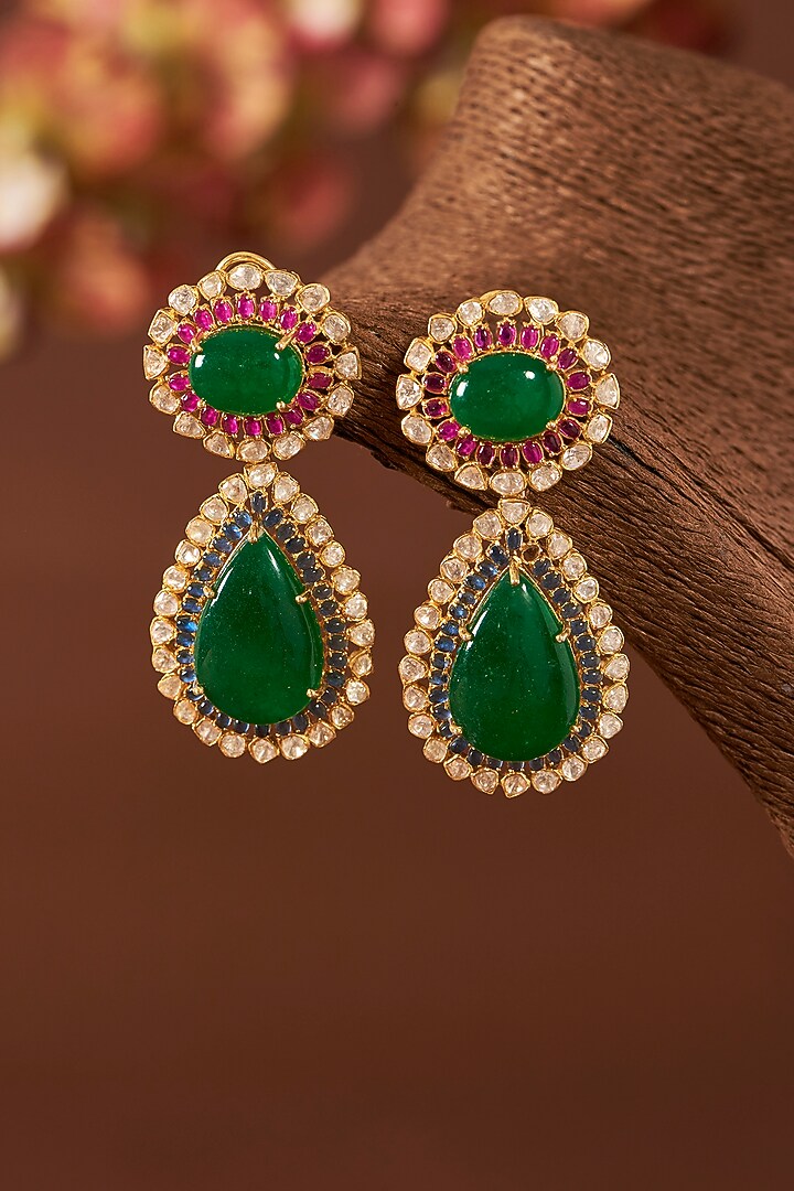 Yellow Gold Finish Moissanite Polki & Emerald Necklace Set In Sterling Silver by STELLA CREATIONS at Pernia's Pop Up Shop