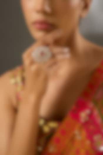 Yellow Gold Finish Moissanite Polki & Ruby Stone Ring In Sterling Silver by STELLA CREATIONS at Pernia's Pop Up Shop