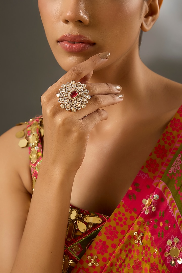 Yellow Gold Finish Moissanite Polki & Ruby Stone Ring In Sterling Silver by STELLA CREATIONS at Pernia's Pop Up Shop