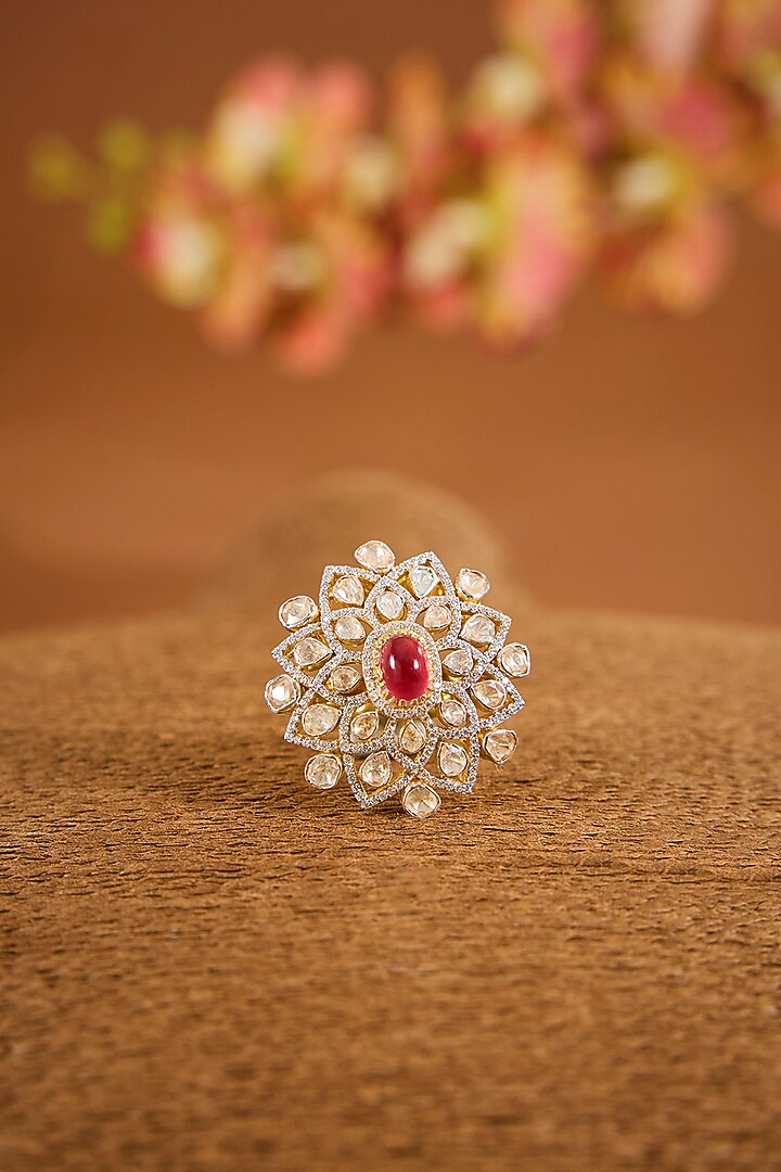 Yellow Gold Finish Moissanite Polki & Ruby Stone Ring In Sterling Silver by STELLA CREATIONS at Pernia's Pop Up Shop