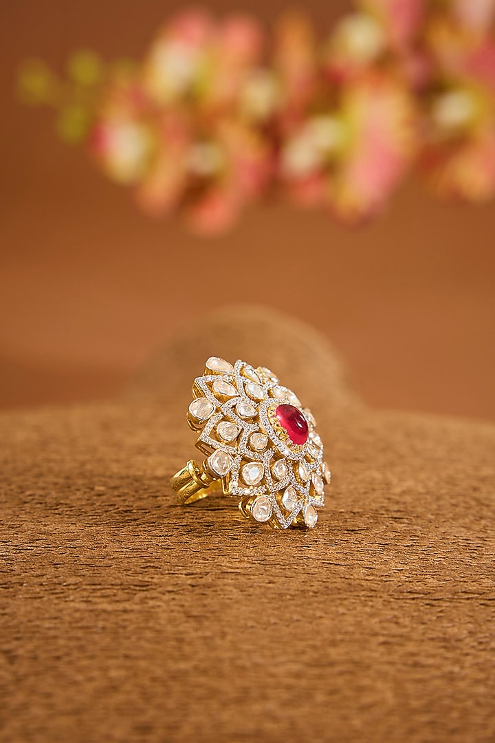 Yellow Gold Finish Moissanite Polki & Ruby Stone Ring In Sterling Silver by STELLA CREATIONS at Pernia's Pop Up Shop