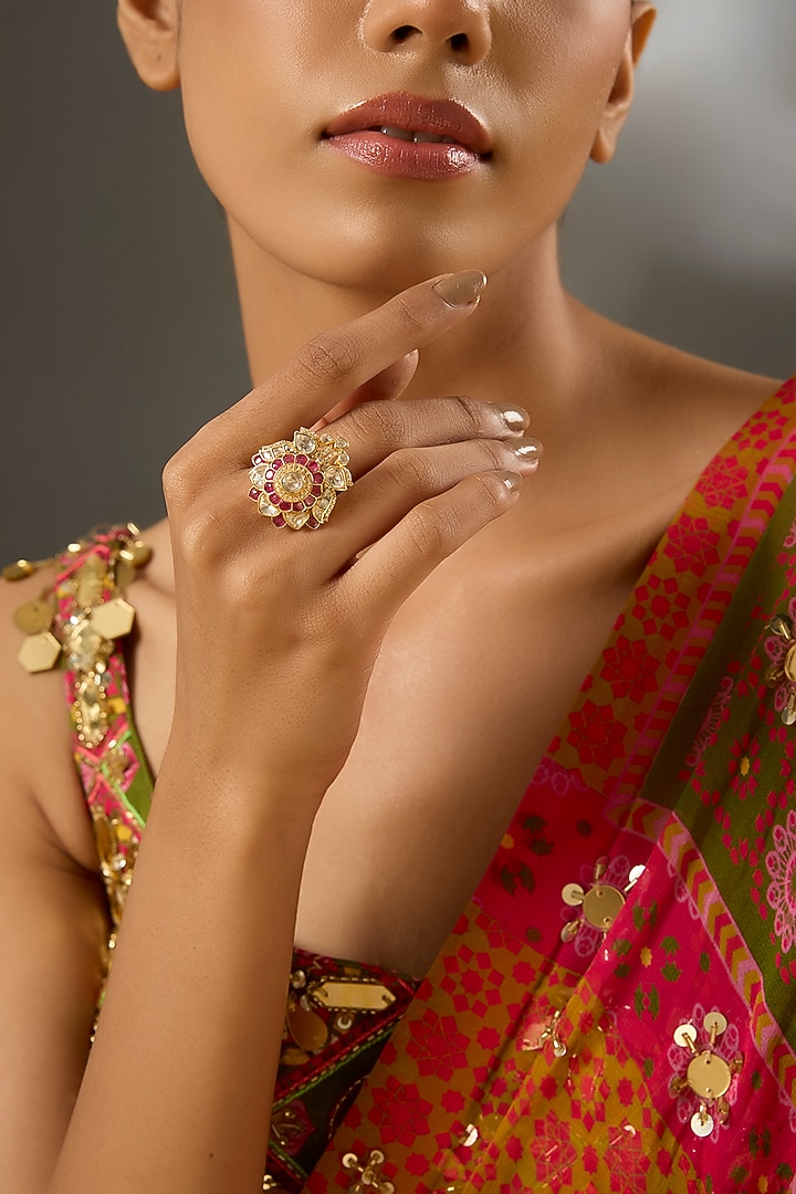 Yellow Gold Finish Moissanite Polki & Ruby Stone Ring In Sterling Silver by STELLA CREATIONS at Pernia's Pop Up Shop