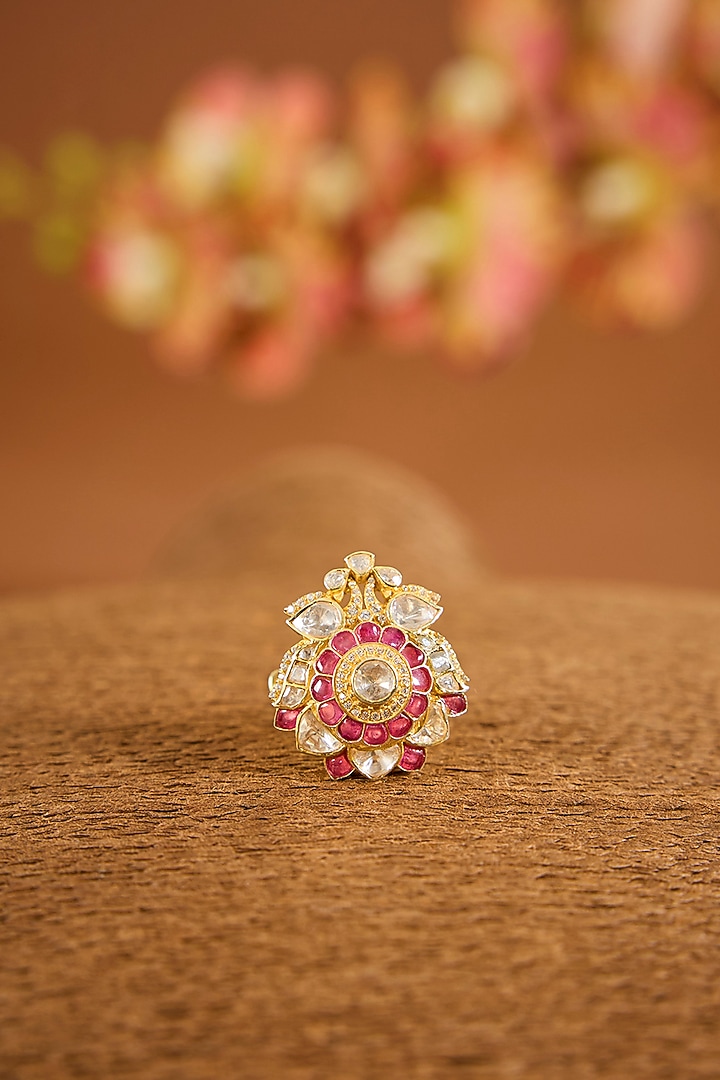 Yellow Gold Finish Moissanite Polki & Ruby Stone Ring In Sterling Silver by STELLA CREATIONS at Pernia's Pop Up Shop