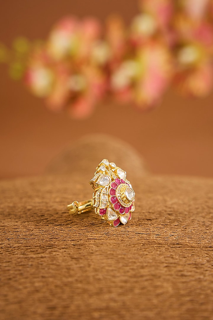 Yellow Gold Finish Moissanite Polki & Ruby Stone Ring In Sterling Silver by STELLA CREATIONS at Pernia's Pop Up Shop