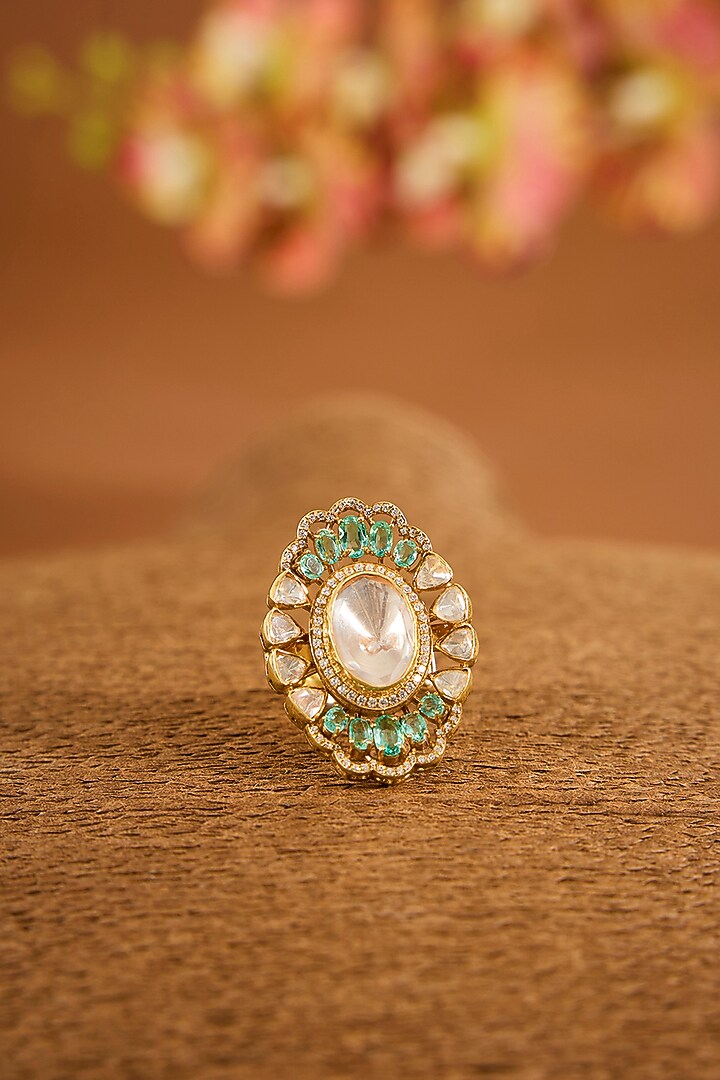 Yellow Gold Finish Moissanite Polki & Emerald Stone Ring In Sterling Silver by STELLA CREATIONS at Pernia's Pop Up Shop