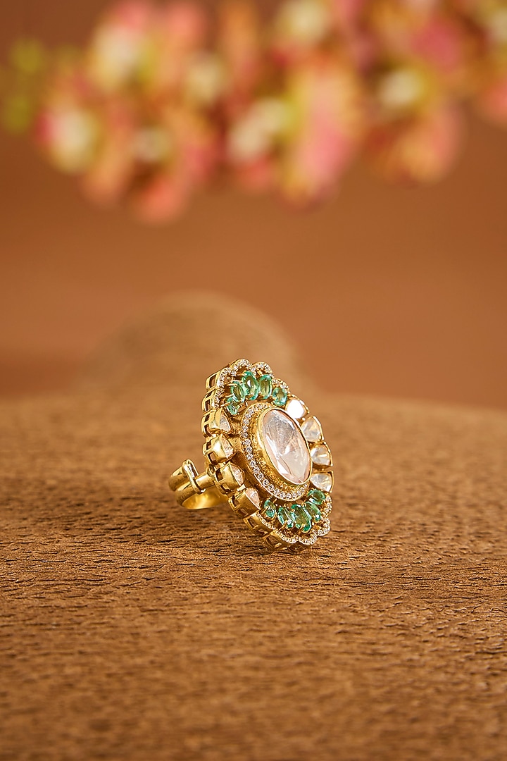 Yellow Gold Finish Moissanite Polki & Emerald Stone Ring In Sterling Silver by STELLA CREATIONS at Pernia's Pop Up Shop