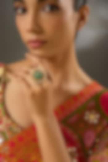 Yellow Gold Finish Moissanite Polki & Emerald Stone Ring In Sterling Silver by STELLA CREATIONS at Pernia's Pop Up Shop