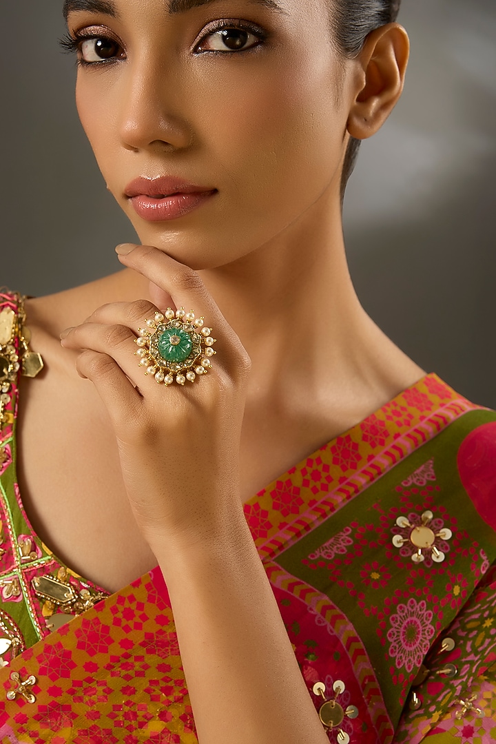 Yellow Gold Finish Moissanite Polki & Emerald Stone Ring In Sterling Silver by STELLA CREATIONS at Pernia's Pop Up Shop