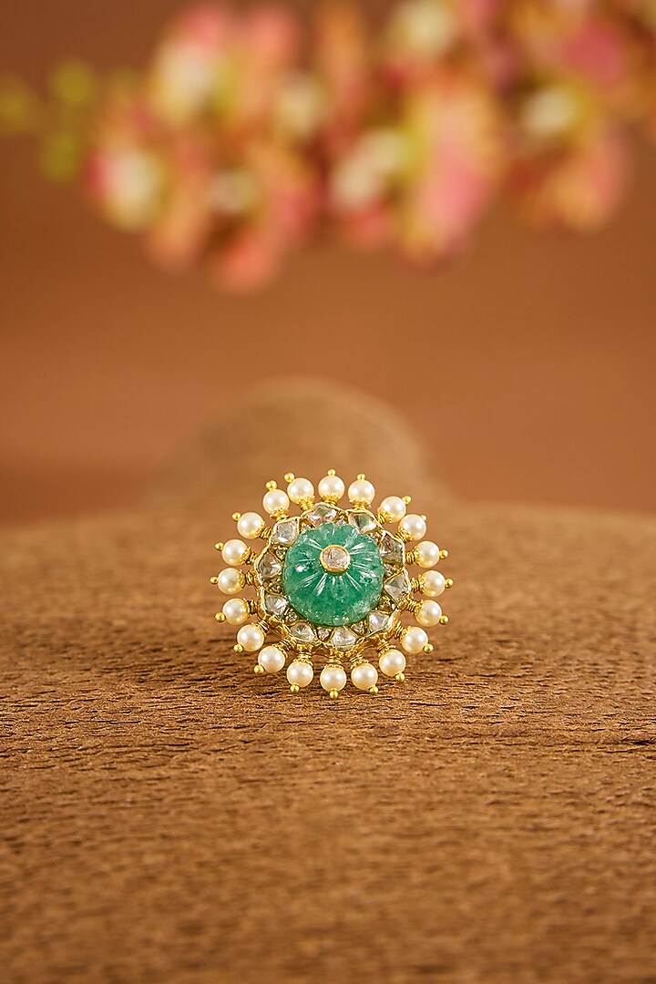 Yellow Gold Finish Moissanite Polki & Emerald Stone Ring In Sterling Silver by STELLA CREATIONS at Pernia's Pop Up Shop