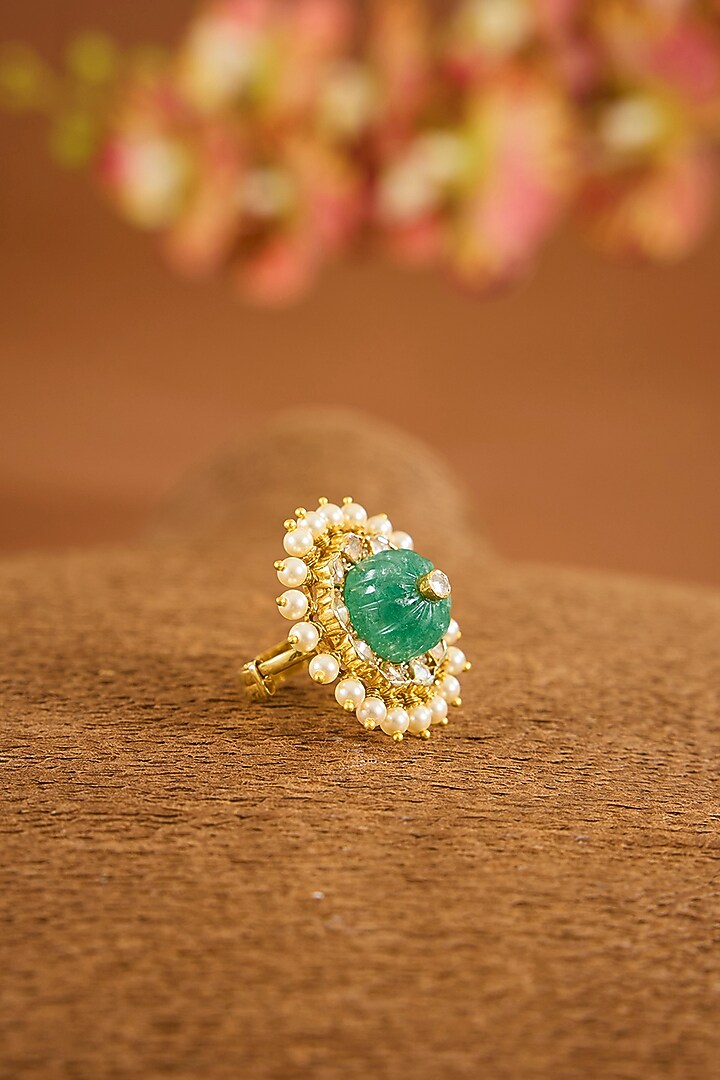 Yellow Gold Finish Moissanite Polki & Emerald Stone Ring In Sterling Silver by STELLA CREATIONS at Pernia's Pop Up Shop