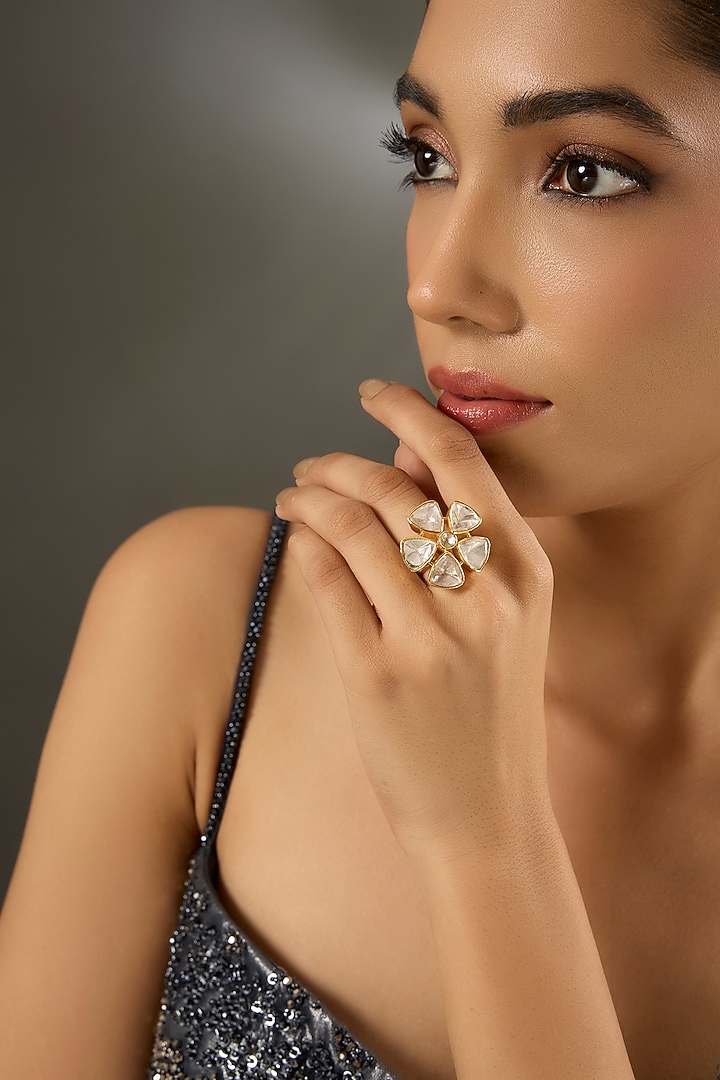 Yellow Gold Finish Moissanite Polki Ring In Sterling Silver by STELLA CREATIONS at Pernia's Pop Up Shop