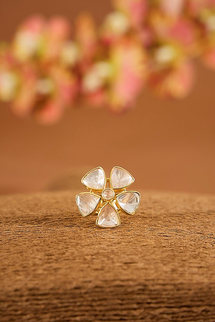 Yellow Gold Finish Moissanite Polki Ring In Sterling Silver by STELLA CREATIONS at Pernia's Pop Up Shop