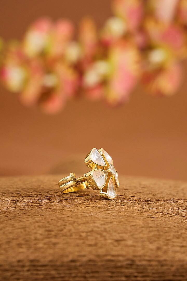 Yellow Gold Finish Moissanite Polki Ring In Sterling Silver by STELLA CREATIONS at Pernia's Pop Up Shop