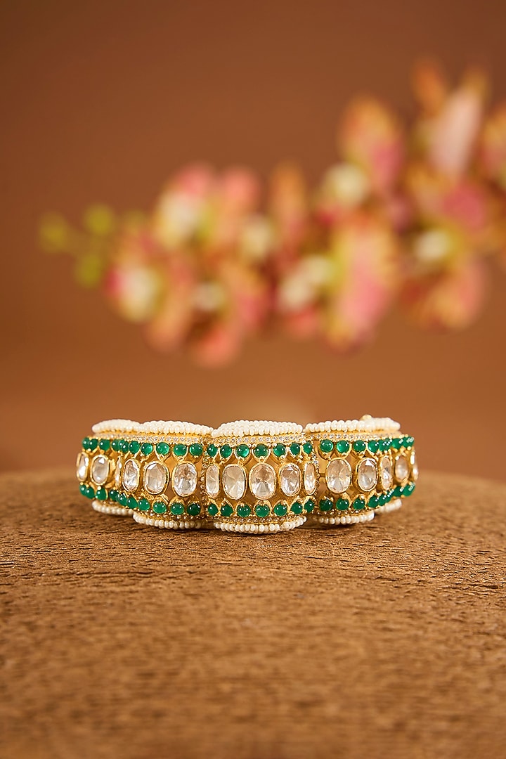 Yellow Gold Finish Moissanite Polki & Emerald Stone Bracelet In Sterling Silver by STELLA CREATIONS at Pernia's Pop Up Shop