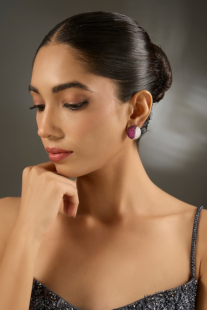 White Gold Finish Eurostar Zircon & Ruby Stone Stud Earrings In Sterling Silver by STELLA CREATIONS at Pernia's Pop Up Shop