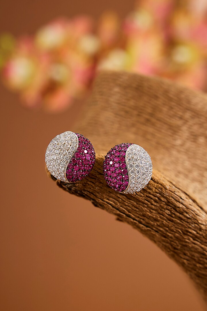 White Gold Finish Eurostar Zircon & Ruby Stone Stud Earrings In Sterling Silver by STELLA CREATIONS at Pernia's Pop Up Shop
