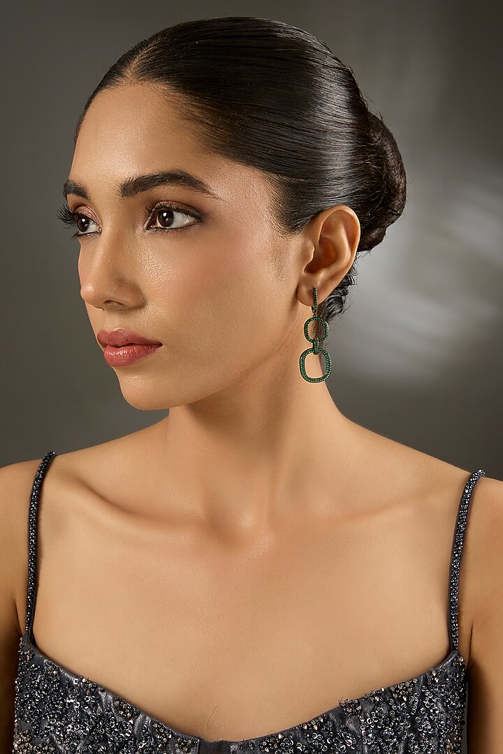 Black Rhodium Finish Emerald Stone Dangler Earrings by STELLA CREATIONS at Pernia's Pop Up Shop