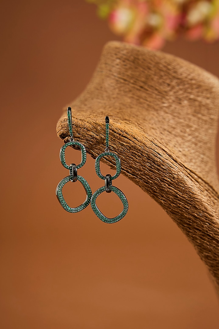 Black Rhodium Finish Emerald Stone Dangler Earrings by STELLA CREATIONS at Pernia's Pop Up Shop