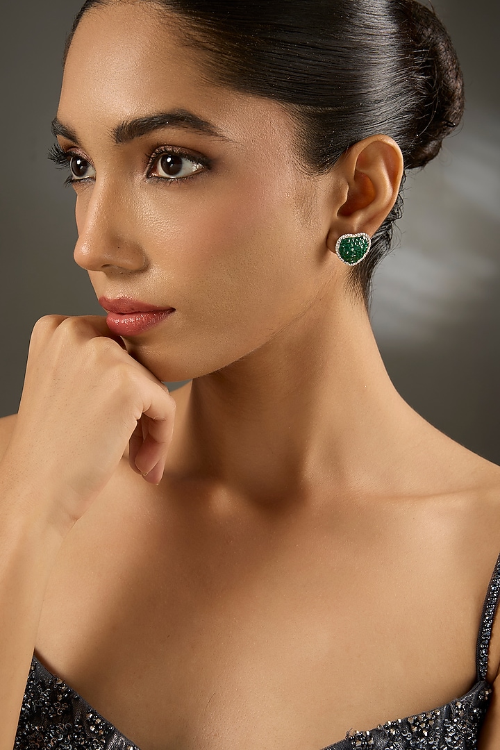 White Gold Finish Eurostar Zircon & Emerald Stone Stud Earrings In Sterling Silver by STELLA CREATIONS at Pernia's Pop Up Shop