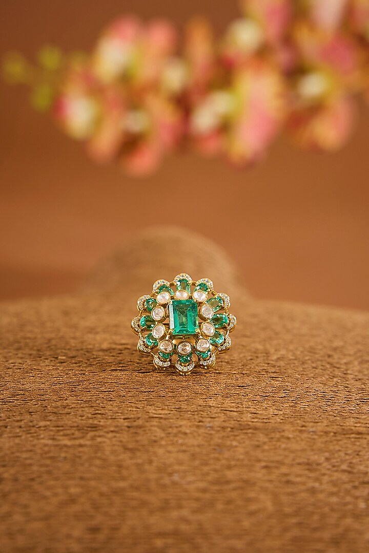 Yellow Gold Finish Moissanite Polki & Emerald Stone Ring by STELLA CREATIONS at Pernia's Pop Up Shop