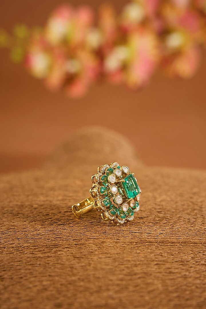 Yellow Gold Finish Moissanite Polki & Emerald Stone Ring by STELLA CREATIONS at Pernia's Pop Up Shop