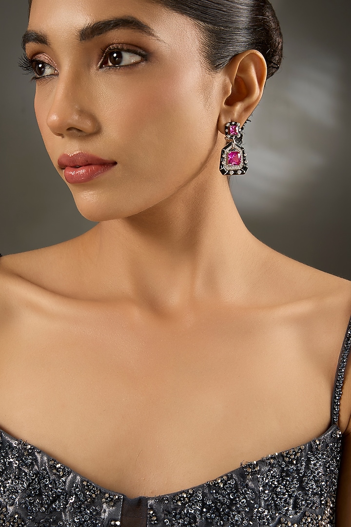 White Gold Finish Zircon & Ruby Stone Enameled Dangler Earrings In Sterling Silver by STELLA CREATIONS at Pernia's Pop Up Shop