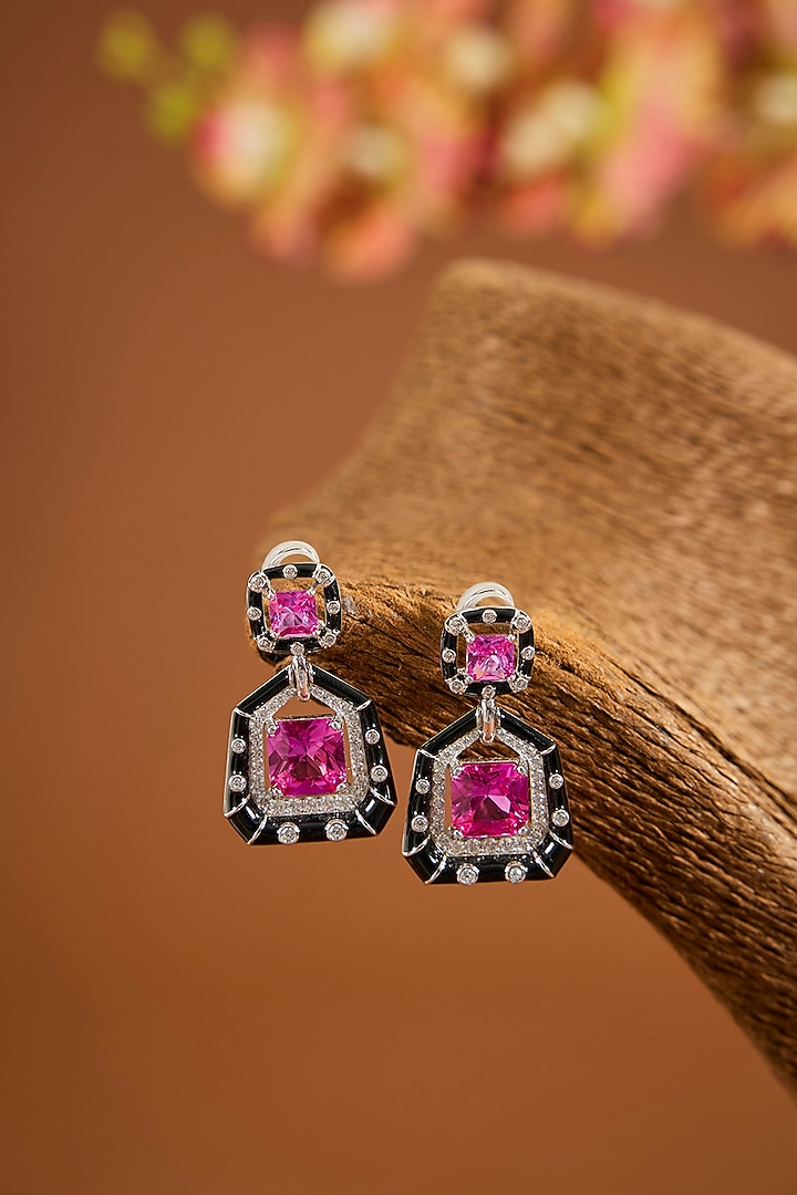White Gold Finish Zircon & Ruby Stone Enameled Dangler Earrings In Sterling Silver by STELLA CREATIONS at Pernia's Pop Up Shop
