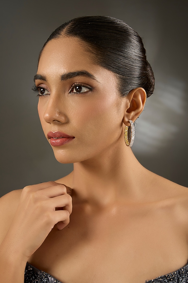 White Gold Finish Eurostar Zircon & Sapphire Stone Hoop Earrings In Sterling Silver by STELLA CREATIONS at Pernia's Pop Up Shop