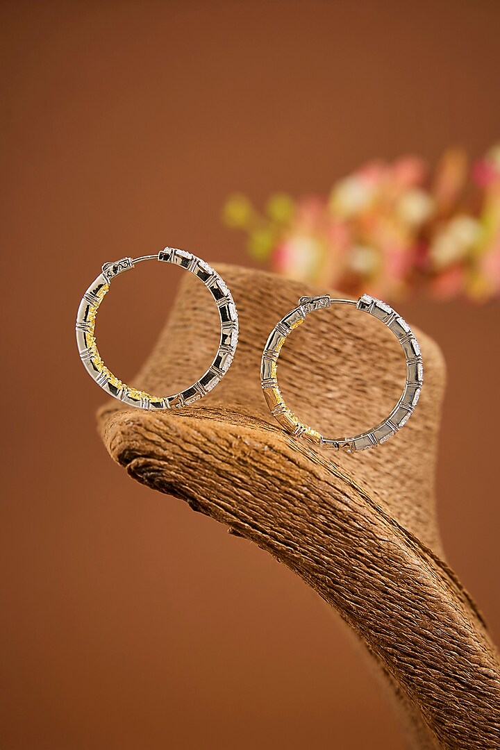 White Gold Finish Eurostar Zircon & Sapphire Stone Hoop Earrings In Sterling Silver by STELLA CREATIONS at Pernia's Pop Up Shop