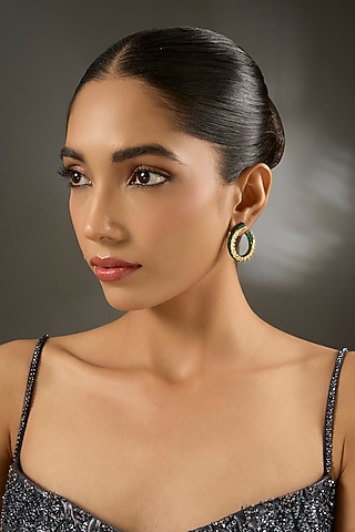 Black Rhodium Finish Eurostar Zircon & Emerald Stone Hoop Earrings In Sterling Silver by STELLA CREATIONS