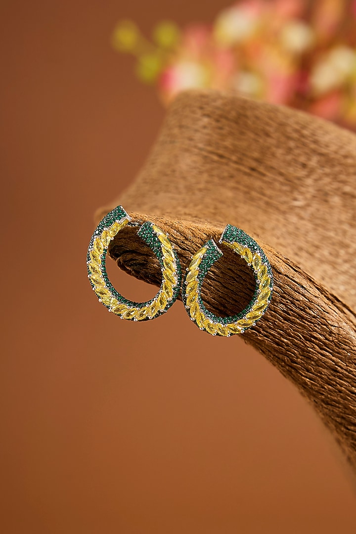 Black Rhodium Finish Eurostar Zircon & Emerald Stone Hoop Earrings In Sterling Silver by STELLA CREATIONS at Pernia's Pop Up Shop