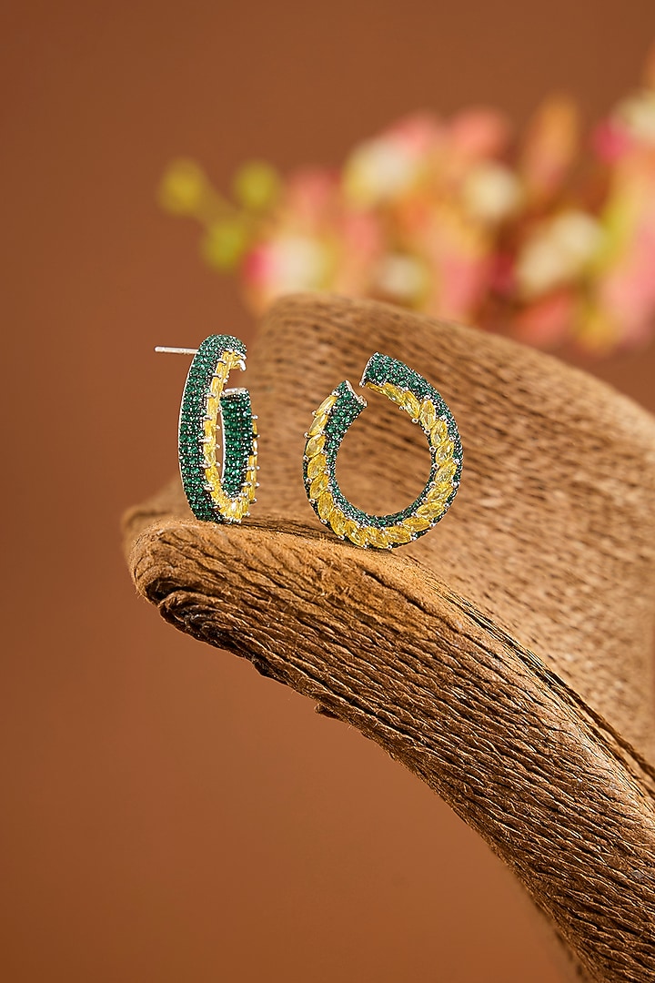 Black Rhodium Finish Eurostar Zircon & Emerald Stone Hoop Earrings In Sterling Silver by STELLA CREATIONS at Pernia's Pop Up Shop