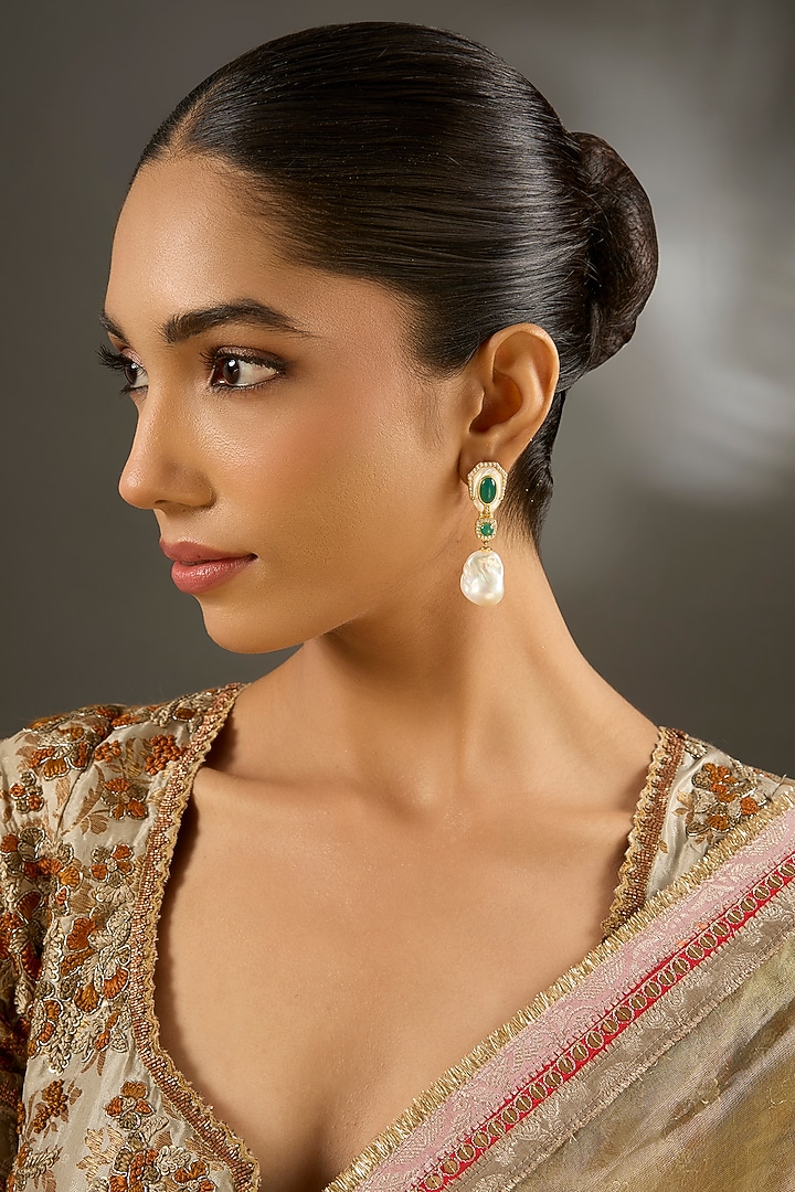 Yellow Gold Finish Mother Of Pearl & Emerald Stone Dangler Earrings In Sterling Silver by STELLA CREATIONS at Pernia's Pop Up Shop