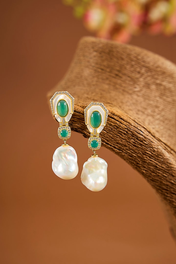 Yellow Gold Finish Mother Of Pearl & Emerald Stone Dangler Earrings In Sterling Silver by STELLA CREATIONS at Pernia's Pop Up Shop