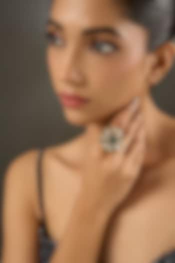 Yellow Gold Finish Moissanite Polki & Emerald Stone Ring In Sterling Silver by STELLA CREATIONS at Pernia's Pop Up Shop