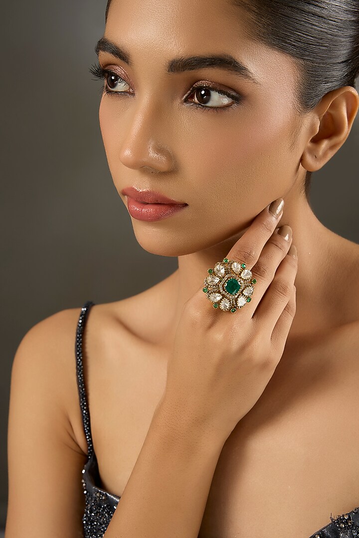 Yellow Gold Finish Moissanite Polki & Emerald Stone Ring In Sterling Silver by STELLA CREATIONS at Pernia's Pop Up Shop