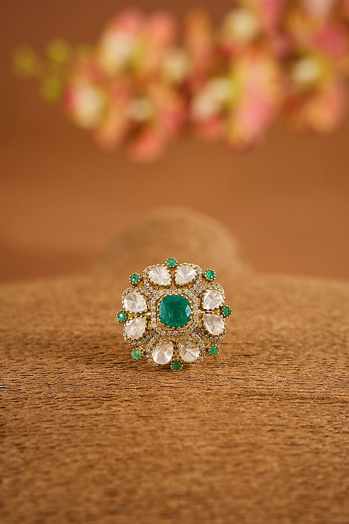 Yellow Gold Finish Moissanite Polki & Emerald Stone Ring In Sterling Silver by STELLA CREATIONS at Pernia's Pop Up Shop