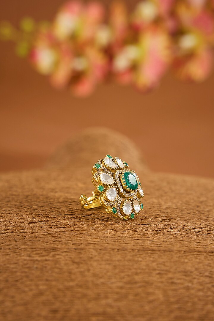 Yellow Gold Finish Moissanite Polki & Emerald Stone Ring In Sterling Silver by STELLA CREATIONS at Pernia's Pop Up Shop