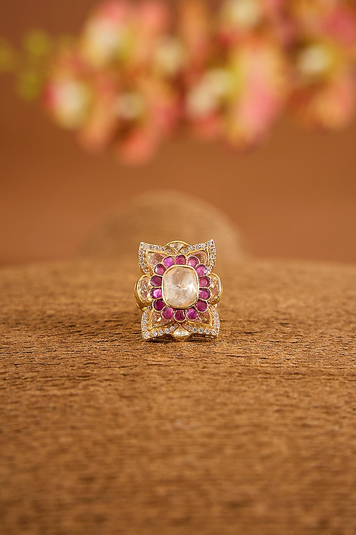 Yellow Gold Finish Moissanite Polki & Ruby Stone Ring In Sterling Silver by STELLA CREATIONS at Pernia's Pop Up Shop