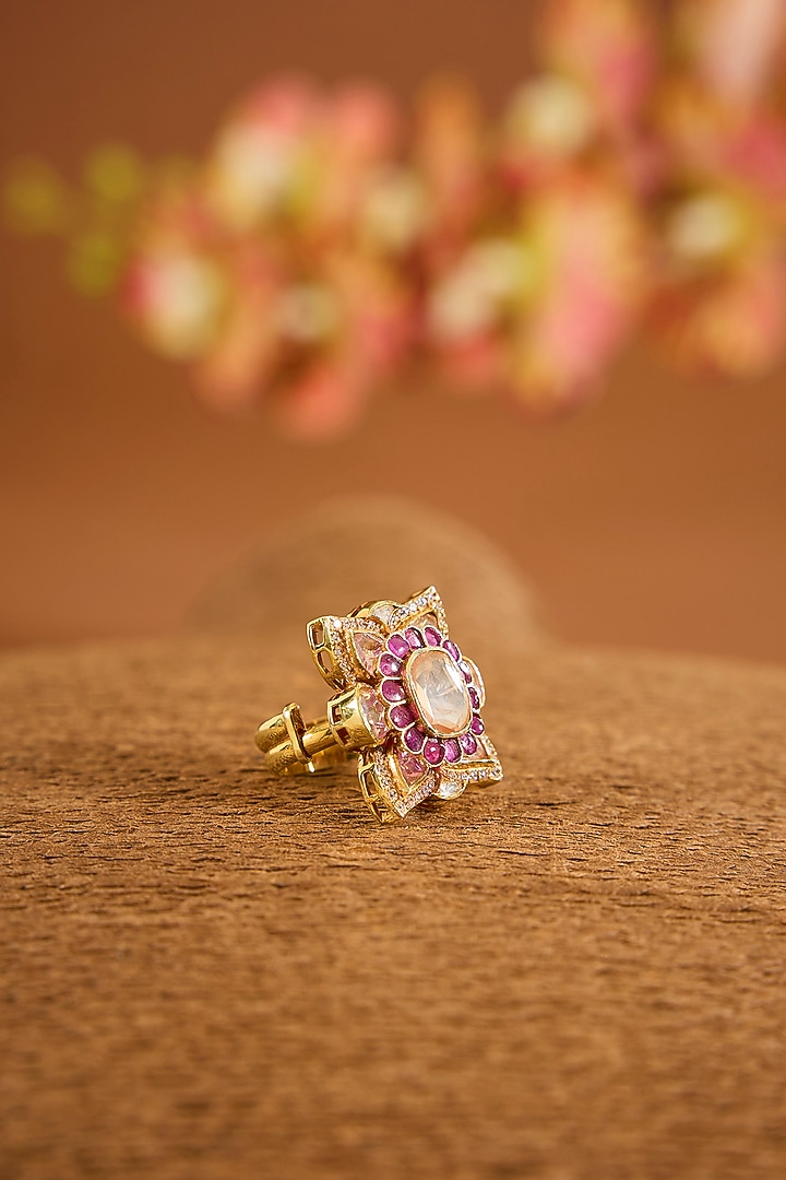 Yellow Gold Finish Moissanite Polki & Ruby Stone Ring In Sterling Silver by STELLA CREATIONS at Pernia's Pop Up Shop