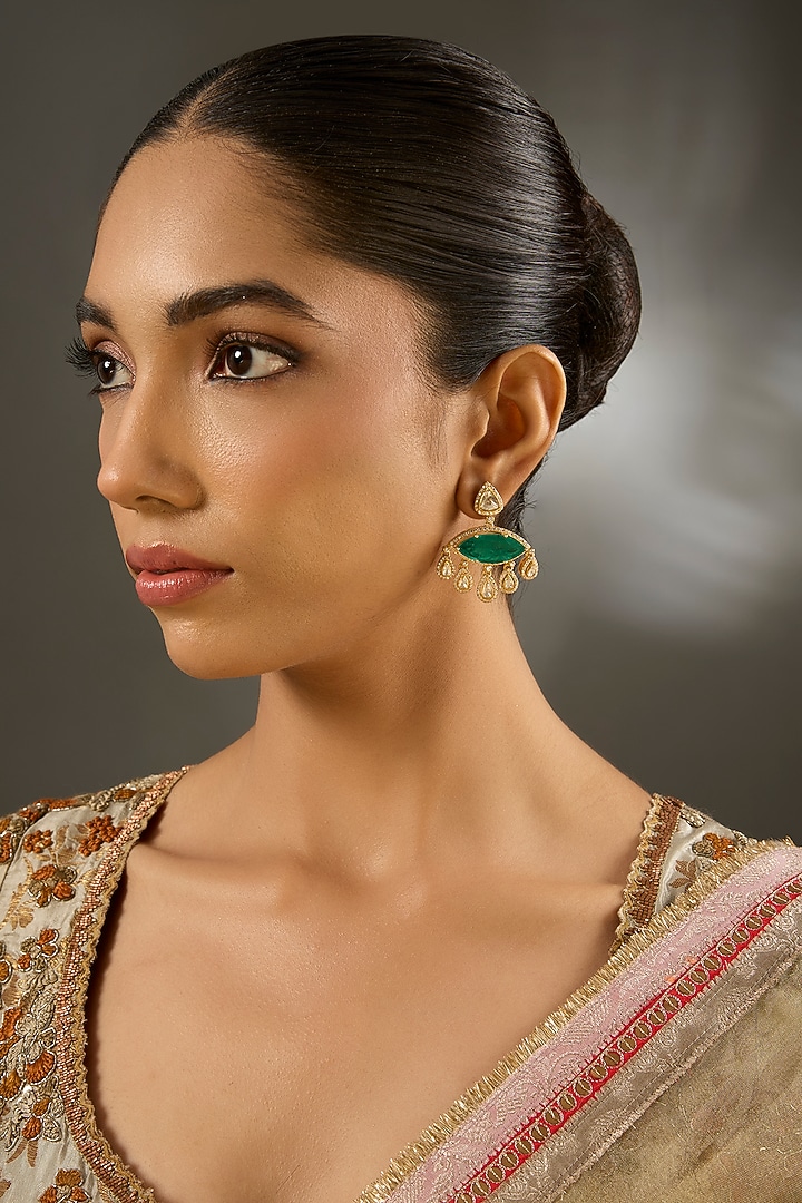Gold Finish Moissanite Polki & Emerald Stone Dangler Earrings In Sterling Silver by STELLA CREATIONS at Pernia's Pop Up Shop