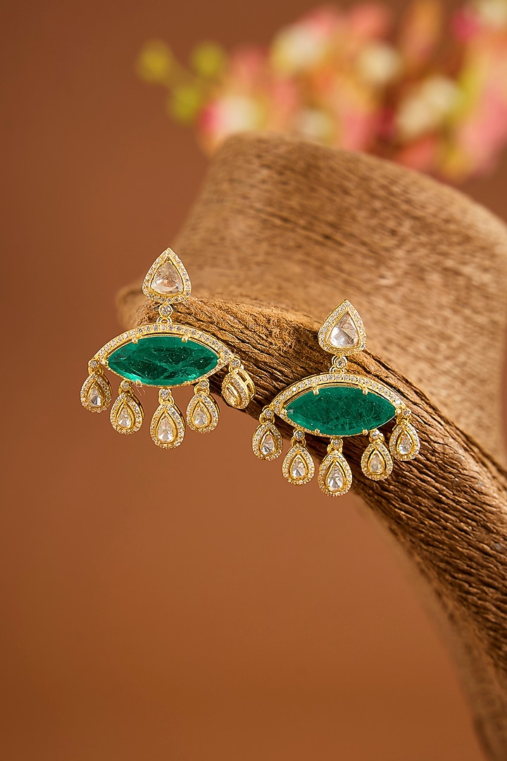 Gold Finish Moissanite Polki & Emerald Stone Dangler Earrings In Sterling Silver by STELLA CREATIONS at Pernia's Pop Up Shop