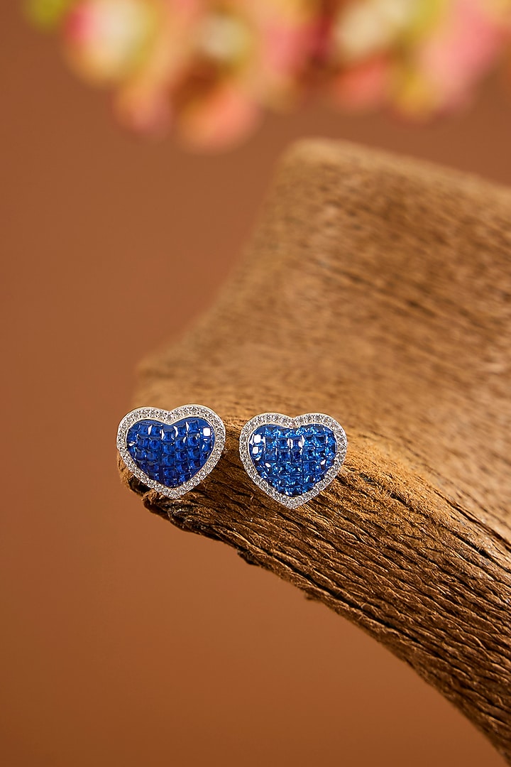 White Gold Finish Zircon & Sapphire Stone Stud Earrings In Sterling Silver by STELLA CREATIONS at Pernia's Pop Up Shop