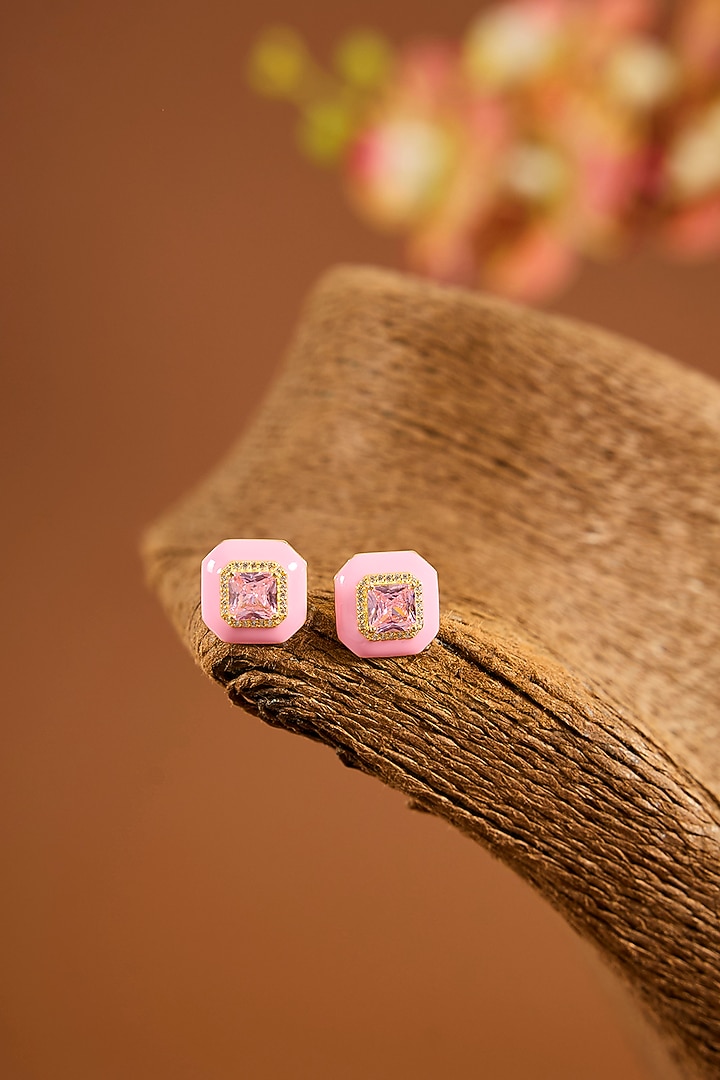Yellow Gold Finish Pink Sapphire Stone & Enameled Stud Earrings In Sterling Silver by STELLA CREATIONS at Pernia's Pop Up Shop