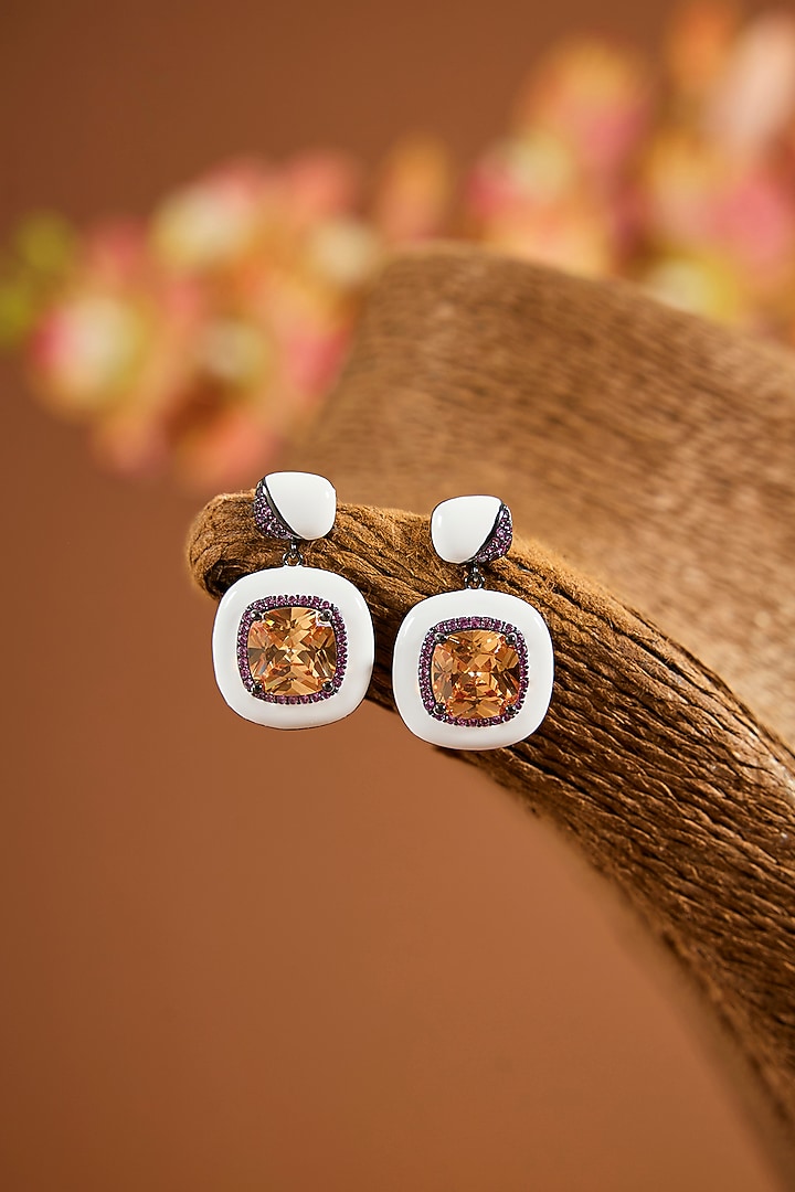 White Gold Finish Zircon & Quartz Stone Dangler Earrings In Sterling Silver by STELLA CREATIONS at Pernia's Pop Up Shop