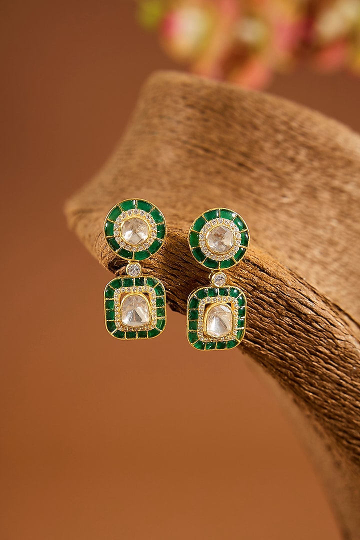 Yellow Gold Finish Moissanite Polki & Emerald Stone Dangler Earrings In Sterling Silver by STELLA CREATIONS at Pernia's Pop Up Shop